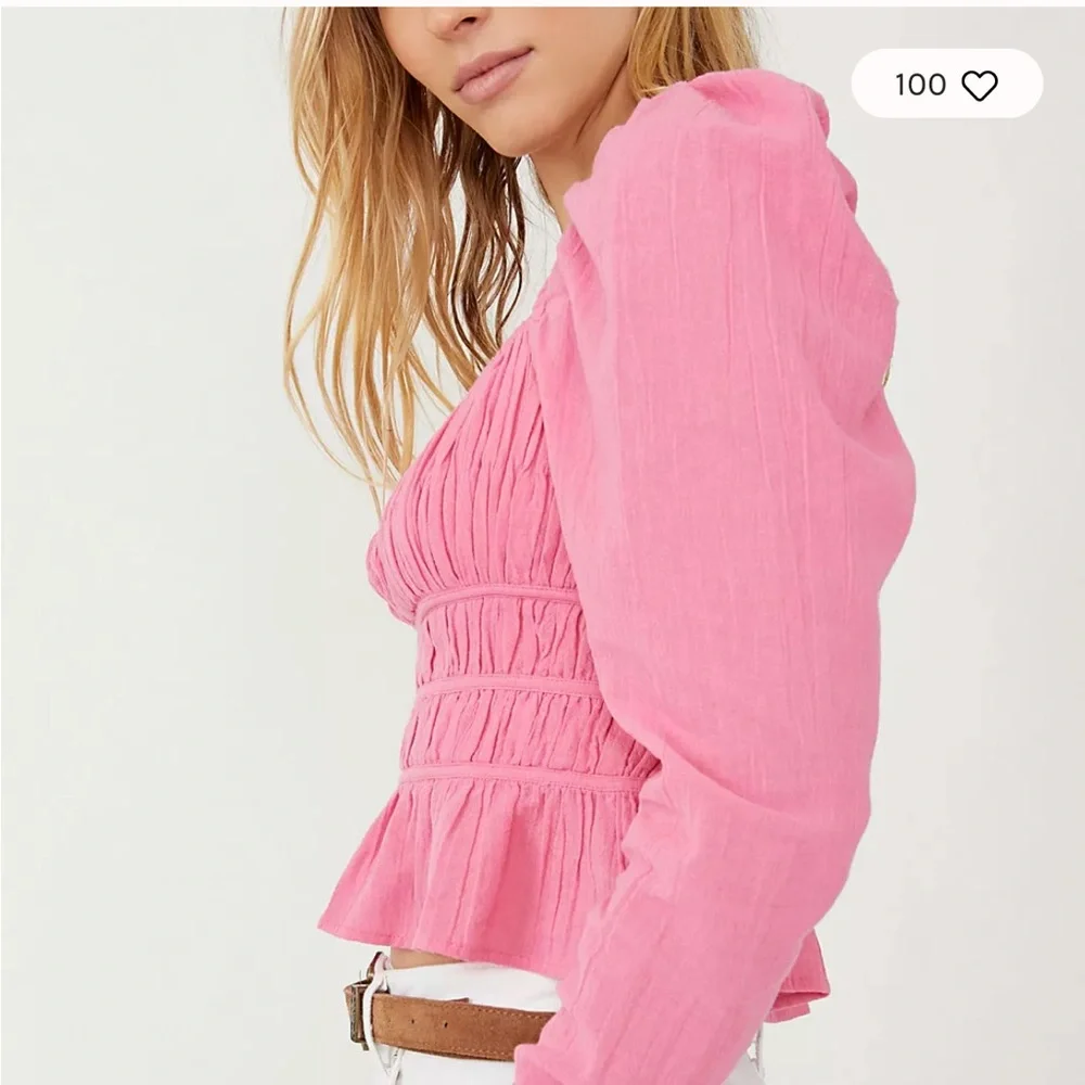 FREE PEOPLE CHLOE TIE BACK LONG SLEEVES CROPPED SMOCKED TOP BLOUSE HOT PINK SZ S
